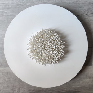 Spiky round wall sculpture on a 20 diameter canvas, wreath art, white clay wall art, relaxing wall art, contemporary art image 1