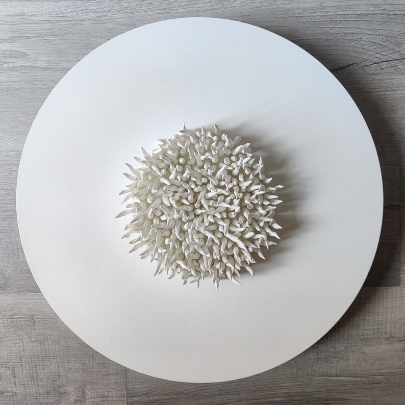 Spiky round wall sculpture on a 20 diameter canvas, wreath art, white clay wall art, relaxing wall art, contemporary art image 1