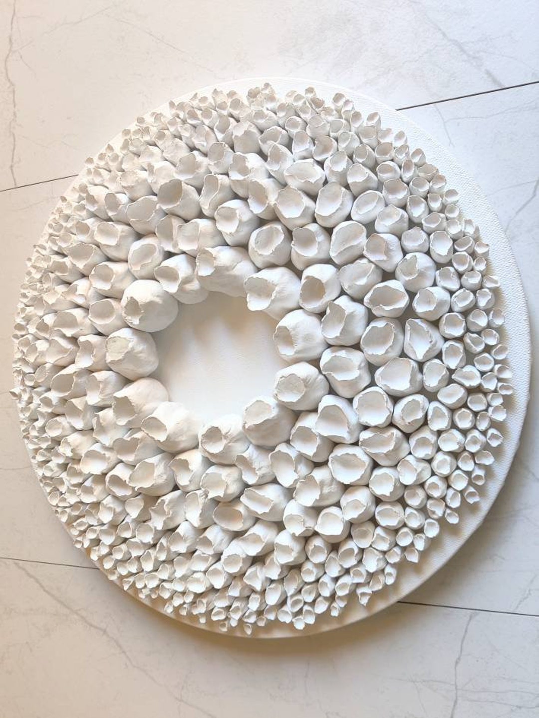 Coral Wall Sculpture on a 14 Round Canvas, Coastal Decor, Wreath Art