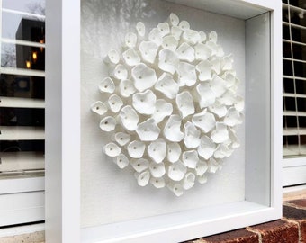 White flowers wall sculpture, framed square canvas art, abstract art, ivory wall art, clay wall sculpture, canvas wall art, abstract floral