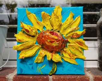 Ukrainian  sunflower, impasto painting, single sunflower, floral art, original painting, home gallery, heavy impasto, BFF, Van Gogh inspired