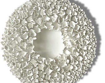 Wabi Sabi Clay Floral Wall Sculpture: Abstract Zen Art, 20&quot; Round.
