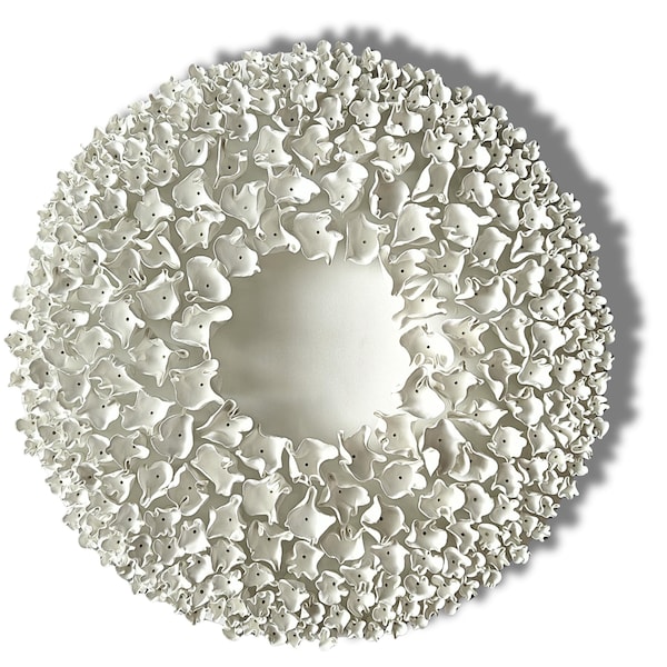 Wabi Sabi White CLAY WALL SCULPTURE: Large Round 3D Floral Zen Art Décor, 20"