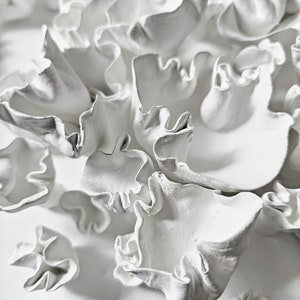 May include: Close-up of a white, textured, abstract sculpture with a 3D design resembling a cluster of ruffled flowers.