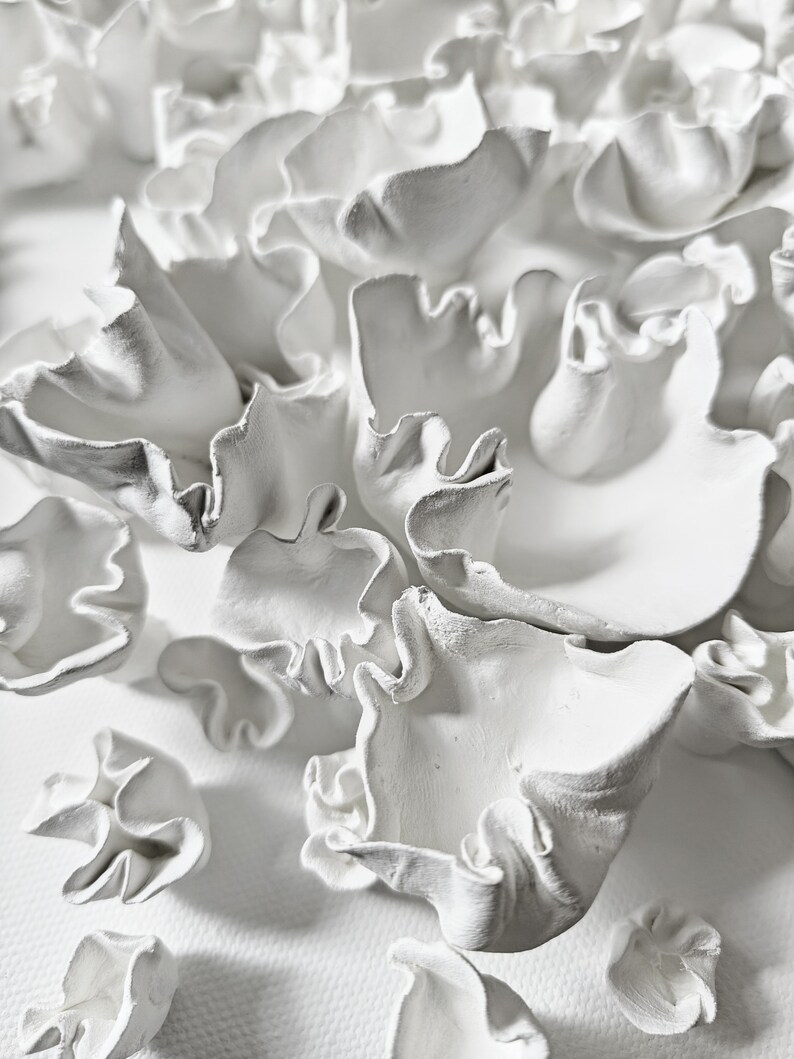 May include: Close-up of a white, textured, abstract sculpture with a 3D design resembling a cluster of ruffled flowers.