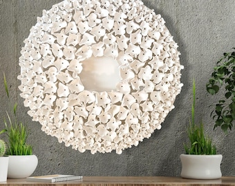 White Clay FLORAL WALL SCULPTURE: 3D Abstract Botanical Art, Minimalist Canvas, Luxury Home Décor
