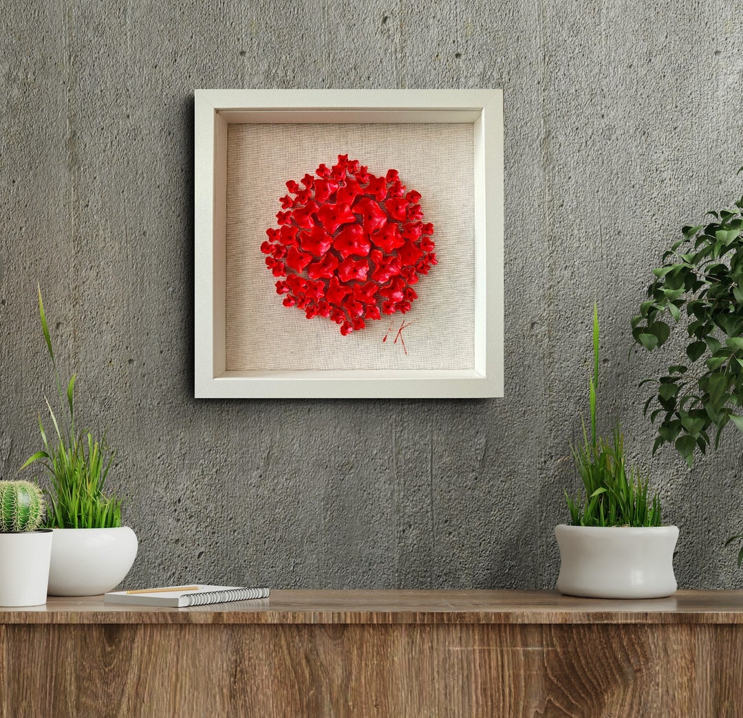 赤い粘土の花の壁彫刻：額入りの抽象芸術。 - Etsy 日本