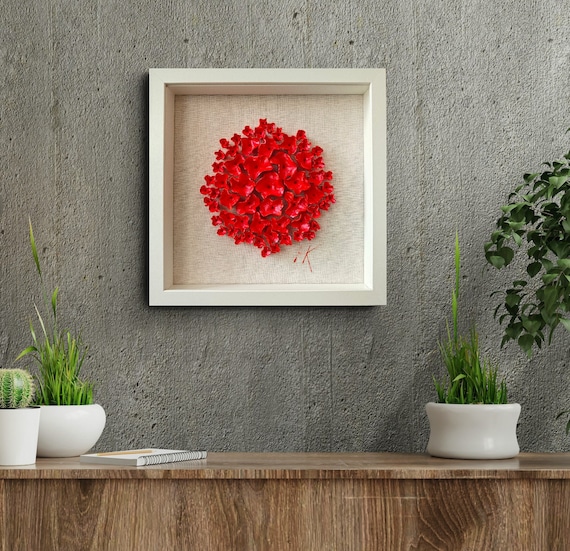 赤い粘土の花の壁彫刻：額入りの抽象芸術。 - Etsy 日本