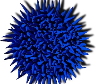 Könnte beinhalten: Eine blaue, runde, stachelige Skulptur aus vielen kleinen, spitzen Formen. Die Skulptur erinnert an einen Seeigel oder einen stacheligen Ball.