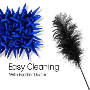 May include: A vibrant blue cleaning tool with a spiky design is shown next to a black feather duster. The text "Easy Cleaning With Feather Duster" is displayed below the objects. The image is set against a white background.