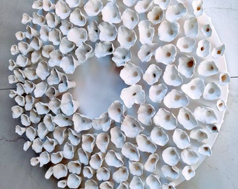 White Clay Floral Wall Sculpture: Abstract Organic Art on 14&quot; Canvas.