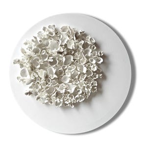 Asymmetrical circle, white sculpture on canvas, clay art