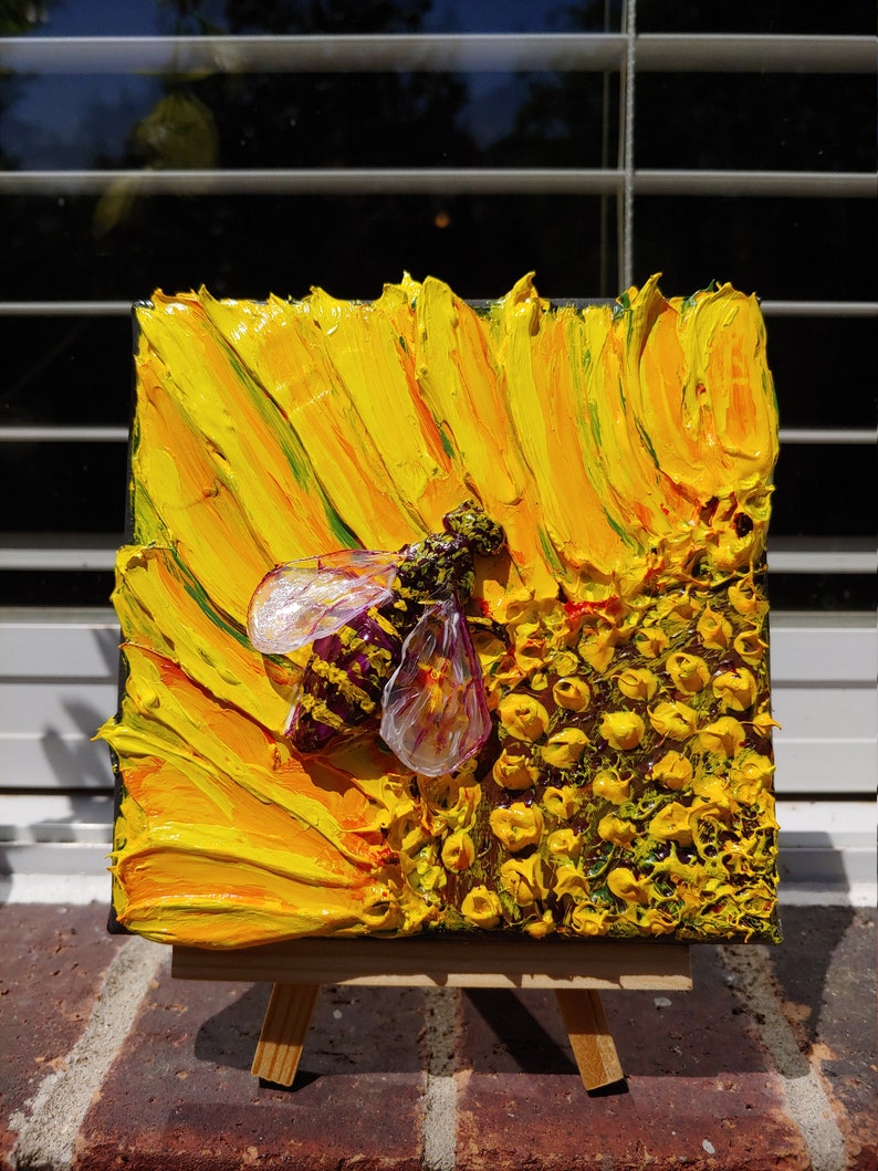 Bee decor, bee on sunflower sculptured painting, bold textured painting, 3D acrylic mini painting on canvas, Sunflower lover gift, honey bee 