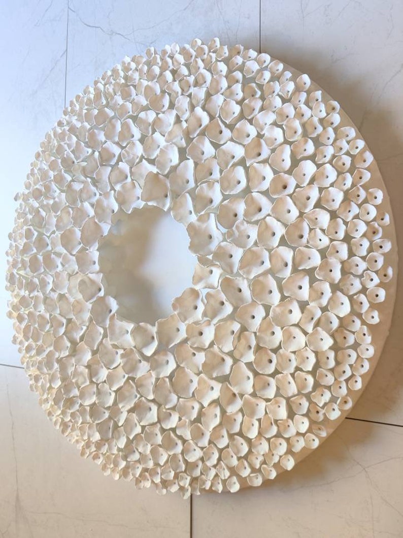 Award-winning art, Wabi Saby style wall sculpture on a 20 round canvas, wreath art, white clay wall art, relaxing wall art, above bed decor image 3