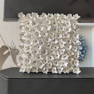 Floral wall art, white clay wall sculpture, 3D artwork, abstract in white, square white wall art, small wall sculpture