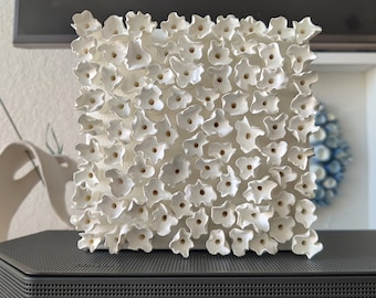 Floral wall art, white clay wall sculpture, 3D artwork, abstract in white, square white wall art, small wall sculpture