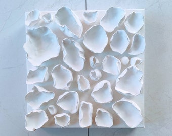 White Wabi Sabi style sculpture, abstract clay wall sculpture, organic forms wall art, small square sculpture, white on white