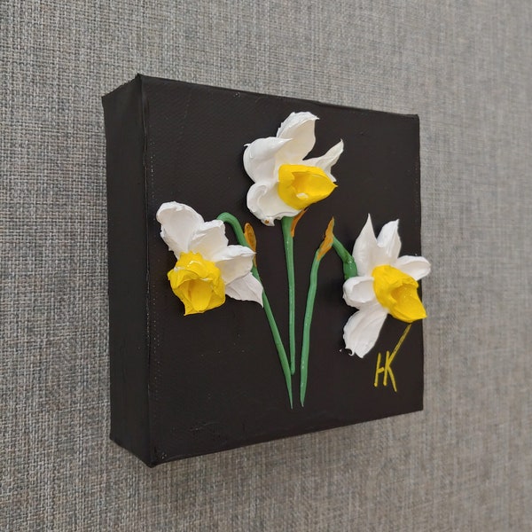 Toile de narcisse, peinture d'empâtement blanc et noir, peinture sculptée audacieuse, mini peinture acrylique 3D sur toile, amateur de fleurs, cadeau de mamans