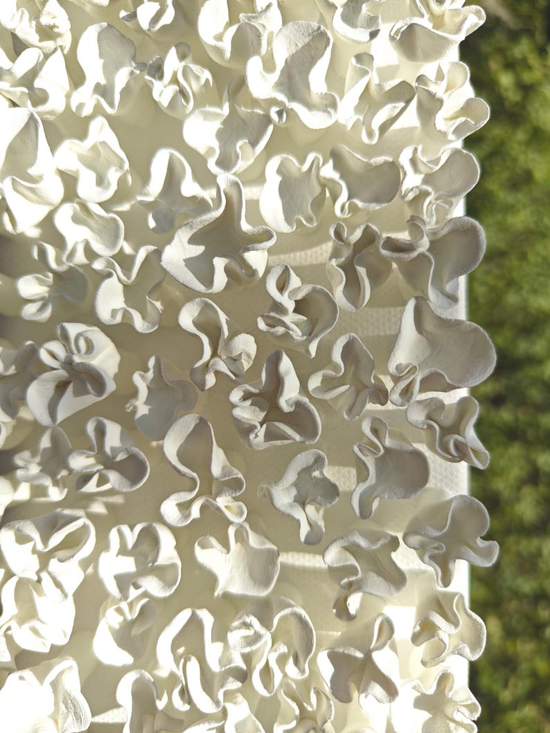 May include: A close-up of a white, textured, three-dimensional wall art piece. The piece is made of many small, overlapping, organic shapes that create a flowing, abstract design.