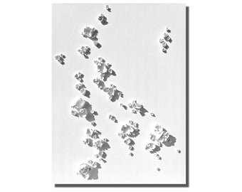 May include: A rectangular white wall art piece featuring a series of small, raised, three-dimensional white floral or petal-like elements arranged in a scattered, vertical pattern across the surface, creating distinct shadows and depth.