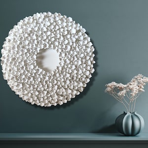 White Clay Floral Wall Sculpture: 20&quot; Round Canvas, Wabi Sabi Art.