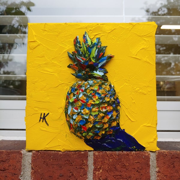 Pineapple kitchen decor, Pineapple painting, impasto, 3D art, pineapple canvas, original acrylic painting, kitchen wall art, pop art