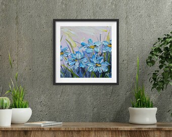 Blue flowers ART PRINT, daisies print, Impressionistic floral art, contemporary art, vibrant art, colorful art, print of oil painting