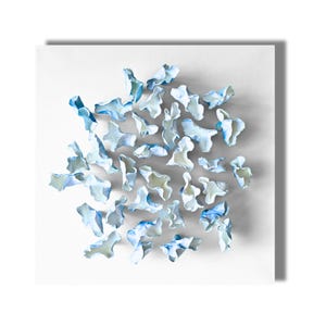 Blue and white 20" square wall sculpture, abstract wall sculpture, contemporary art.