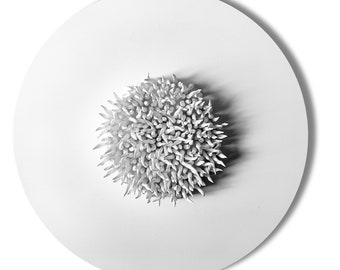 Escultura de pared redonda y puntiaguda sobre un lienzo de 20 pulgadas de diámetro, arte contemporáneo, arte de pared de arcilla blanca, arte monocromático