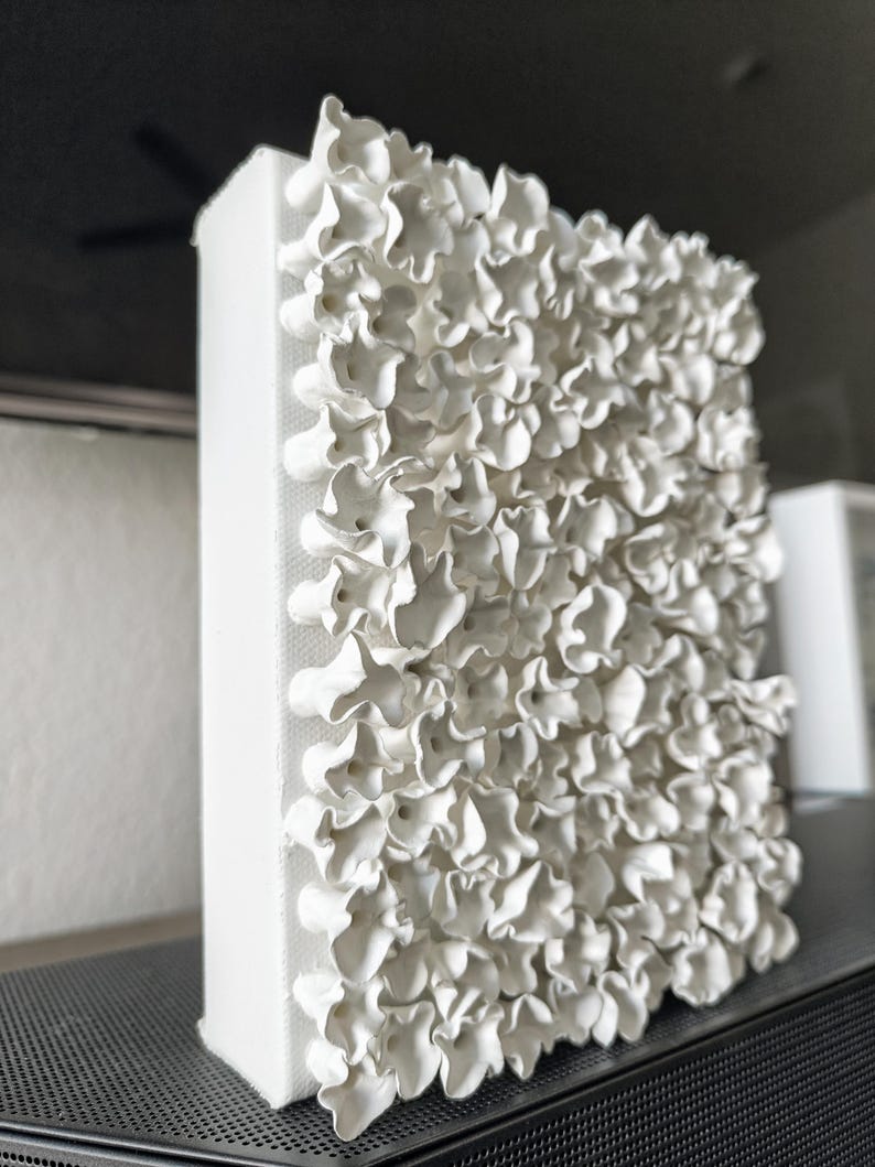 May include: A white, textured wall art piece with a three-dimensional floral design. The artwork is rectangular and appears to be made of a fabric-like material. The flowers are clustered together, creating a layered effect.