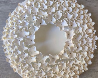 White wall sculpture on 12" round canvas, organic wall art, white clay wall art, abstract in white