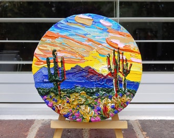 Southwestern decor, cactus art, mini painting, Arizona desert, southwestern wall art, Four peaks, mountain sunset, cactus wall art, original