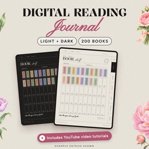 Digital Reading Journal GoodNotes, Dark Mode Book Tracker, Hyperlinked iPad Review Log, TBR List