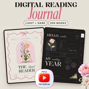 Digitales Lesetagebuch (GoodNotes), Buch-Tracker im Dunkelmodus, verlinktes iPad-Rezensionsprotokoll, Leseliste