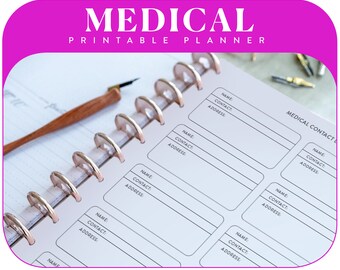 May include: A medical printable planner with white pages featuring a medical contact list layout. The planner has rose gold disc binding and includes fields for name, contact, and address. A wooden pen rests on the page, and the header reads MEDICAL PRINTABLE PLANNER.