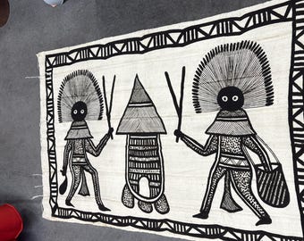 Tapiz/colgante de pared Korhogo de tela de barro - 60 cm de ancho x 37 cm de largo (n.° 46)