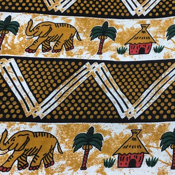 African Print Fabric, huts, trees, elephants