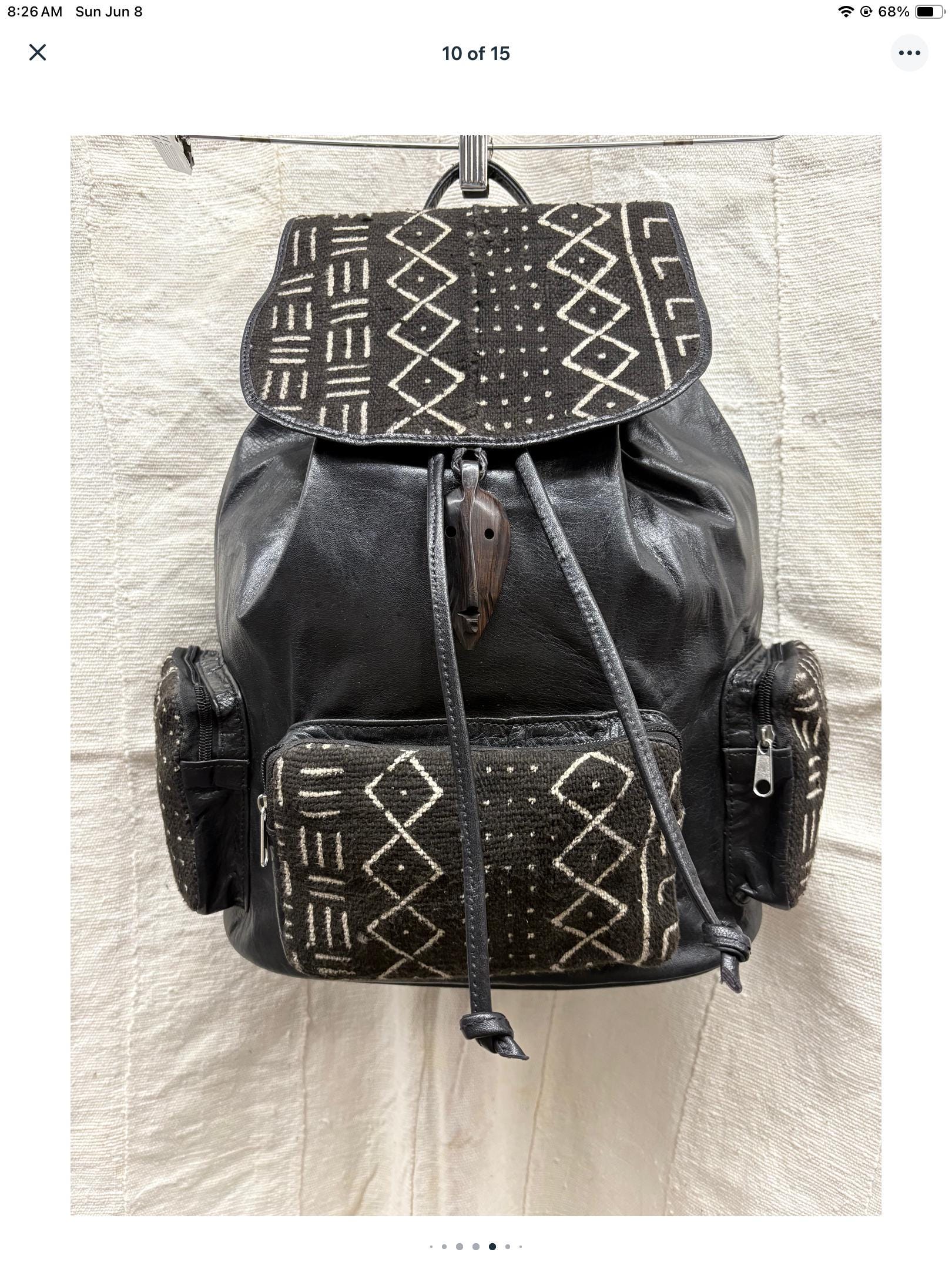 Black Leather Back Pack, Mud Cloth W/malian Symbols, Front  display picture 2