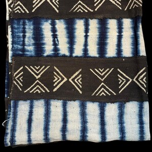 Hand Woven Mud Cloth, two color bands, indigo tie dye, Bogolanfini motifs, Fon Appliqué, Korhogo