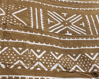 Hand Woven Mud Cloth, caramel and white with African symbols, wholesale prices for 6 or more