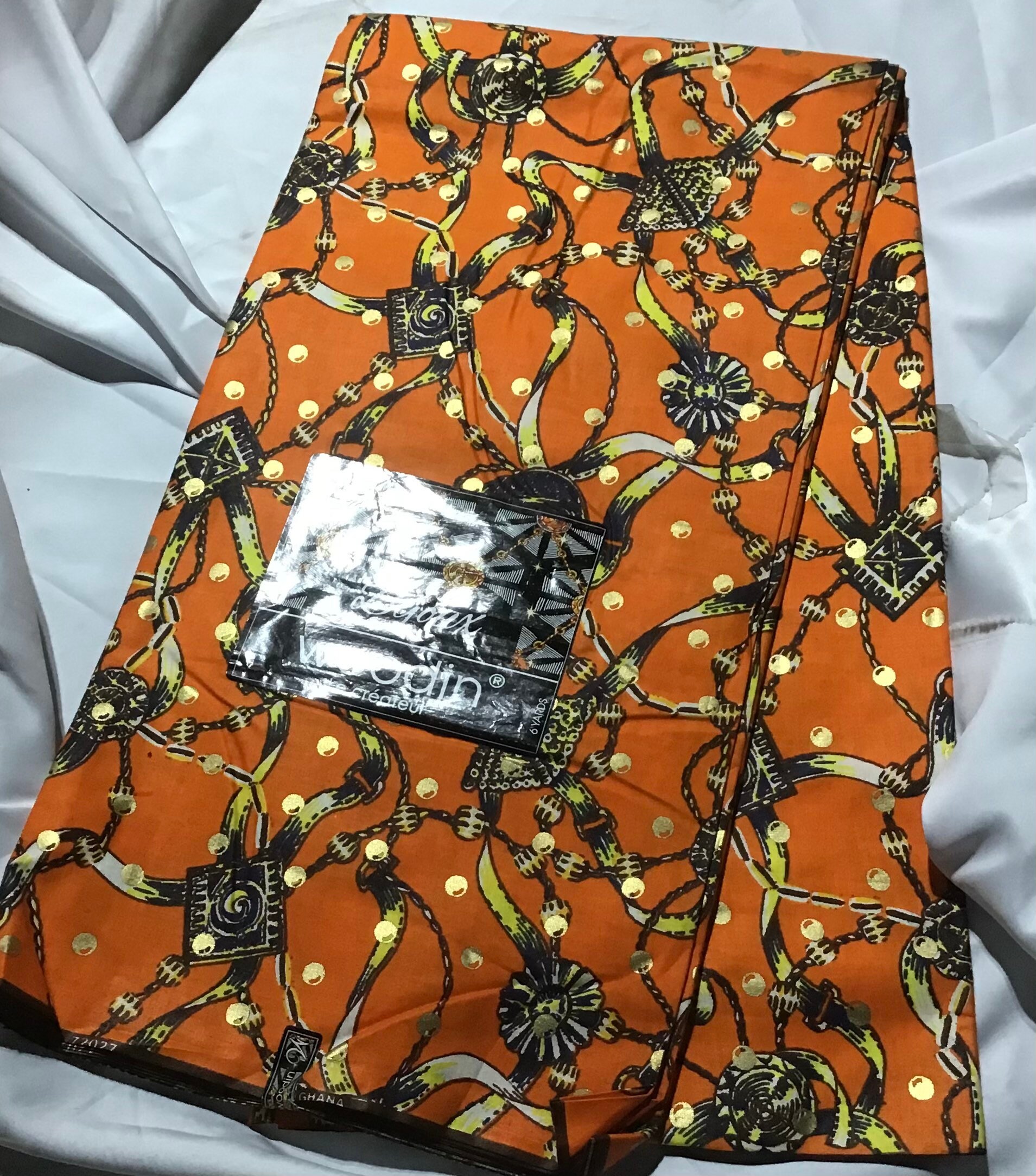 Woodin Afrikanischer Stoff - orange, braun, gelb, Bänder **[2 YARD MINIMUM]**