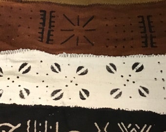 Hand Woven Mud Cloth (217) brown, mustard, turtle, cowrie shell petals, gye nyame