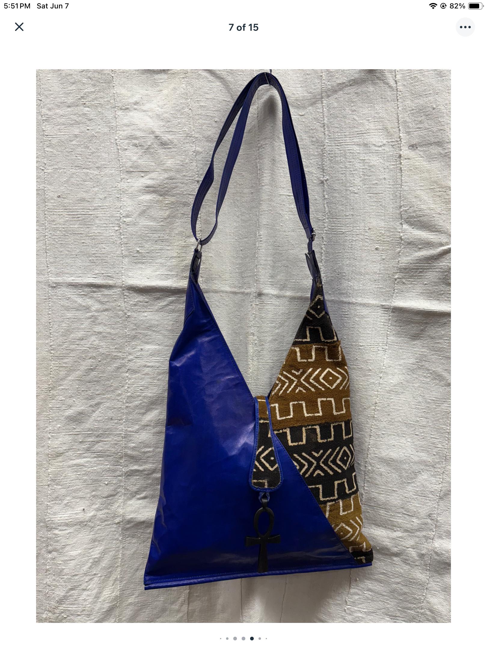 Royal Blue Leather Shoulder Bag, With Mudcloth Inlay, Lined With ...