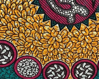 African  Print Fabric, turquoise, orange, fuchsia, gye nyame