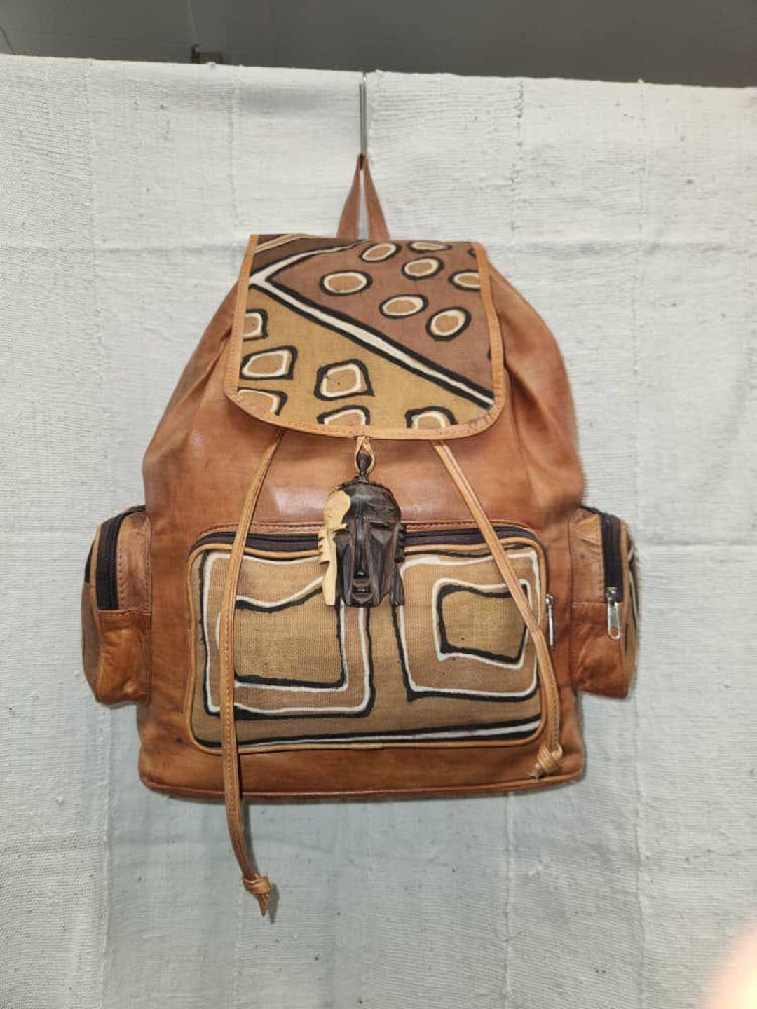 Tan Leather Back Pack, Pocket in Front and One on Each Side, Hand