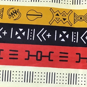 African  Print Fabric, red, gold, black, African symbols, gye nyame, cowrie shells **[2 yard minimum]**
