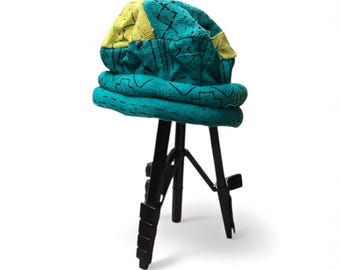 Gorro africano de tela de barro, hecho a mano y forrado, Bogolanfini, (106) verde, amarillo
