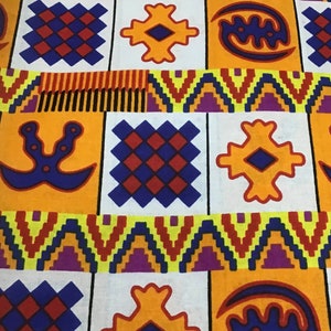 African Print Fabric, yellow, blue, Gye Nyame, Akokonan, **[2 yard minimum]**