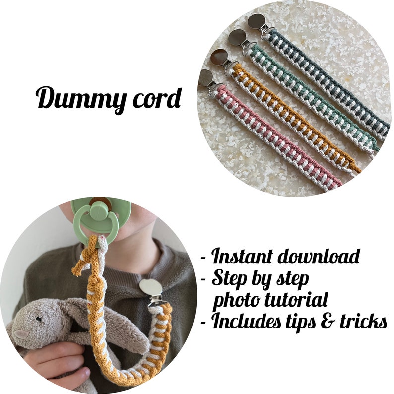 May include: A close-up of a crocheted dummy cord in four different colour combinations: pink and white, mustard yellow and white, green and white, and grey and white. The cords are attached to silver clips. The text "Dummy cord" is written in black on a white background.