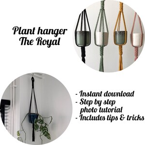 May include: A digital download for a macrame plant hanger pattern called "The Royal". The image shows four different color variations of the plant hanger, with a close-up of a black plant hanger with a green plant in a pot.